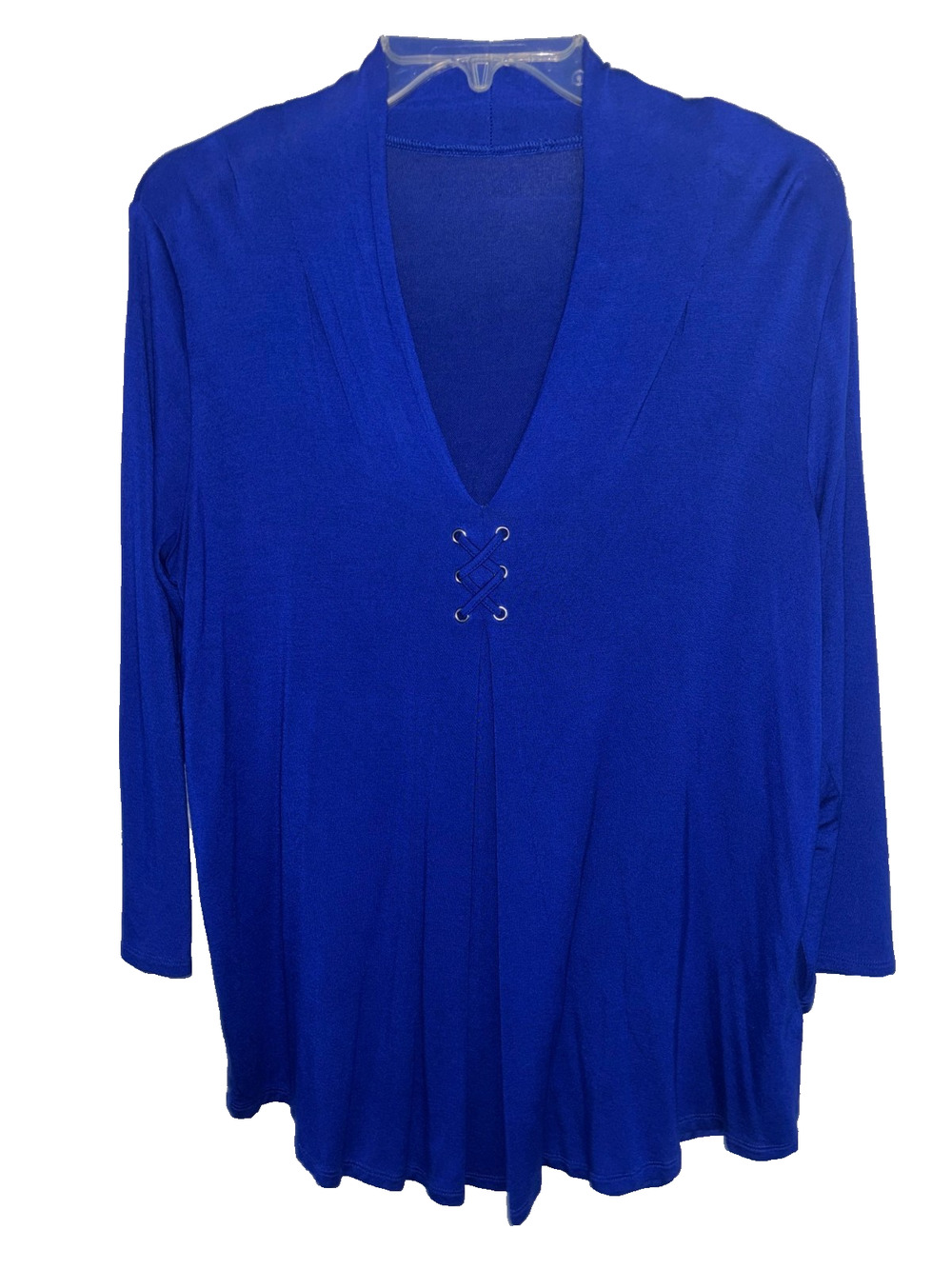 Royal Blue V Neck Long Sleeve Blouse Women L Mesh Lace Knit Dressy Casual NWOT